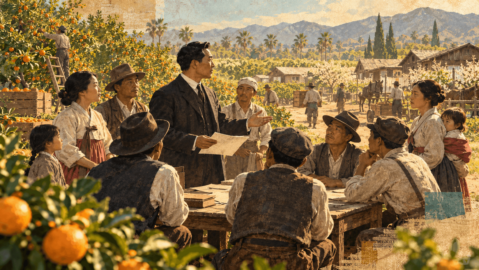 리버사이드 감귤 농장 공동체 회의를 표현한 기록화풍 일러스트