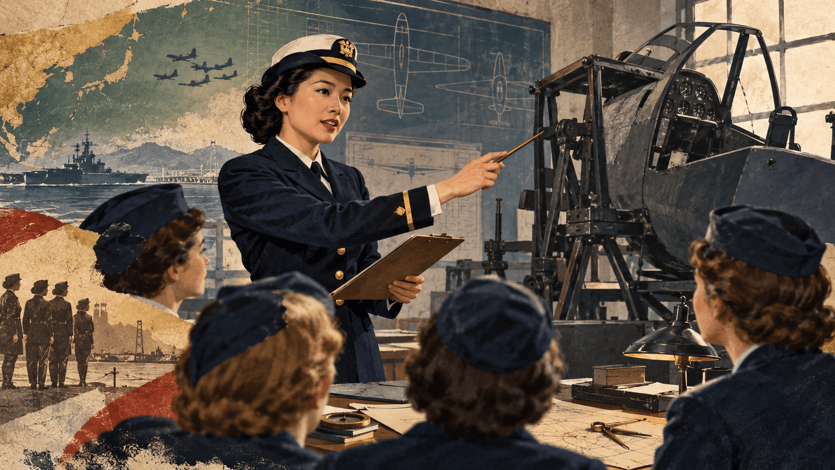 Archive-inspired illustration of a Korean American woman officer leading naval training in the 1940s