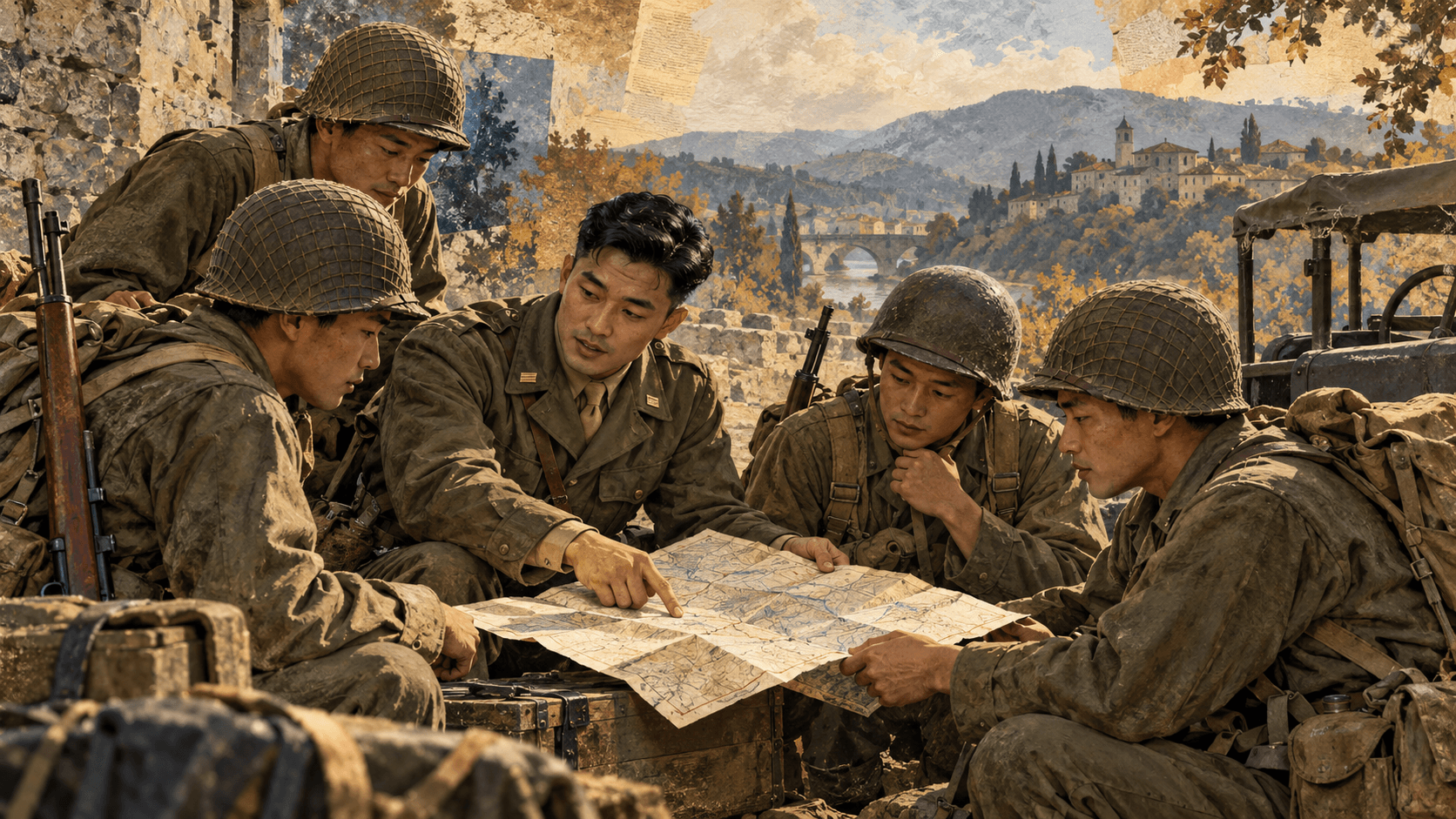 Archive-inspired illustration of a Korean American officer and Japanese American soldiers studying a map in Europe